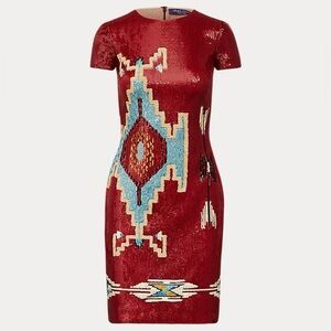 NWT Ralph Lauren Purple Label Embellished Cady Red Sequin Short Sleeve Dress